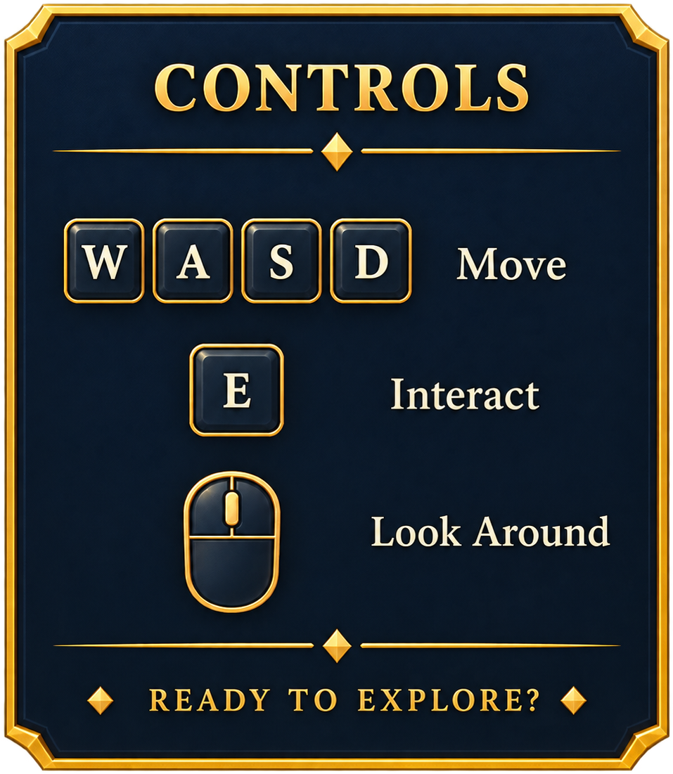Controls: W A S D to move, E to interact, mouse to look around.
